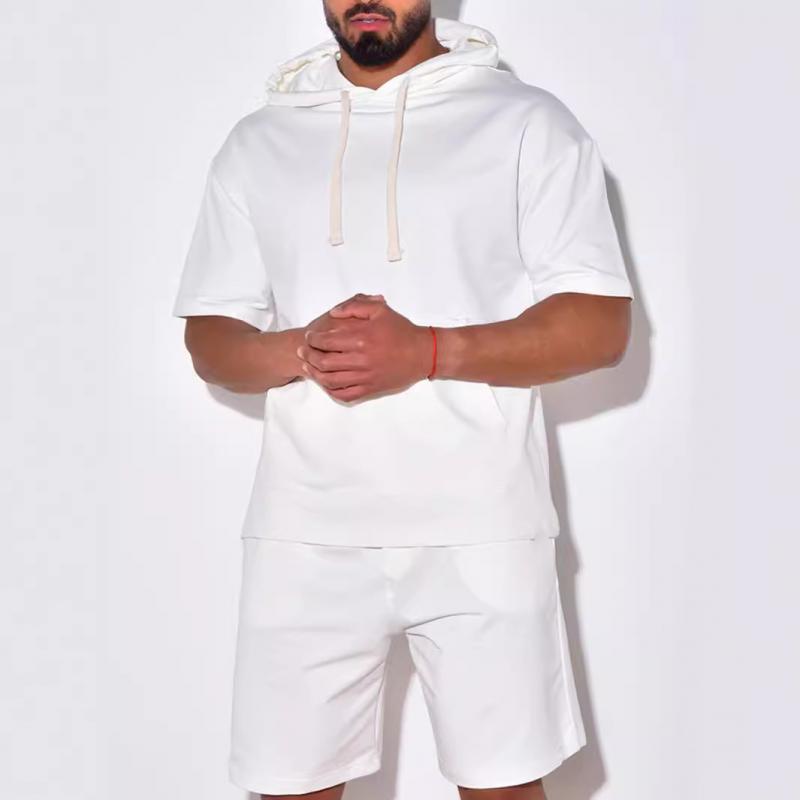 Men's Solid Color Short-Sleeved Hooded Sweatshirt Shorts Sports Set 18856174Y