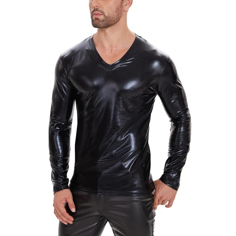 Men's Classic Casual Slim Fit Soft Patent Leather V-Neck Long Sleeve T-Shirt 82066135K