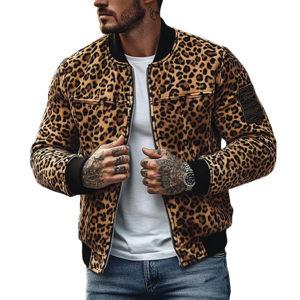 Men's Vintage Leopard Print Colorblock Zip-Up Bomber Jacket 54557116Y