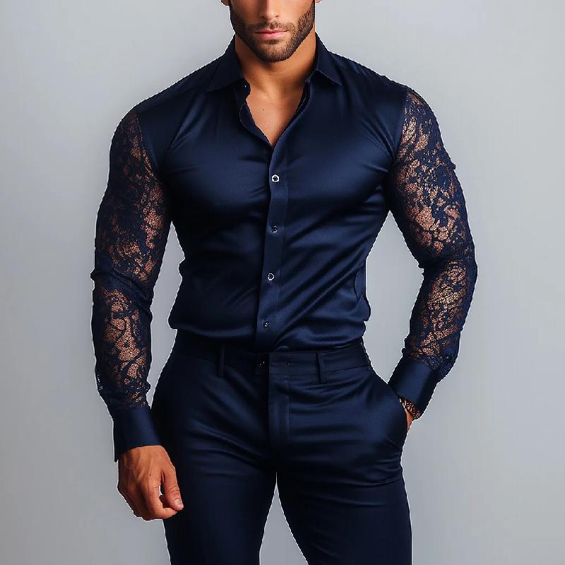 Men's Fashion Satin Lace Slim Fit Long Sleeve Shirt 11824392Y