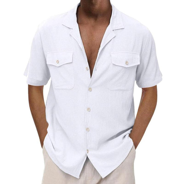 Men's Solid Loose Cotton Lapel Breast Pockets Short Sleeve Shirt 24735078Z