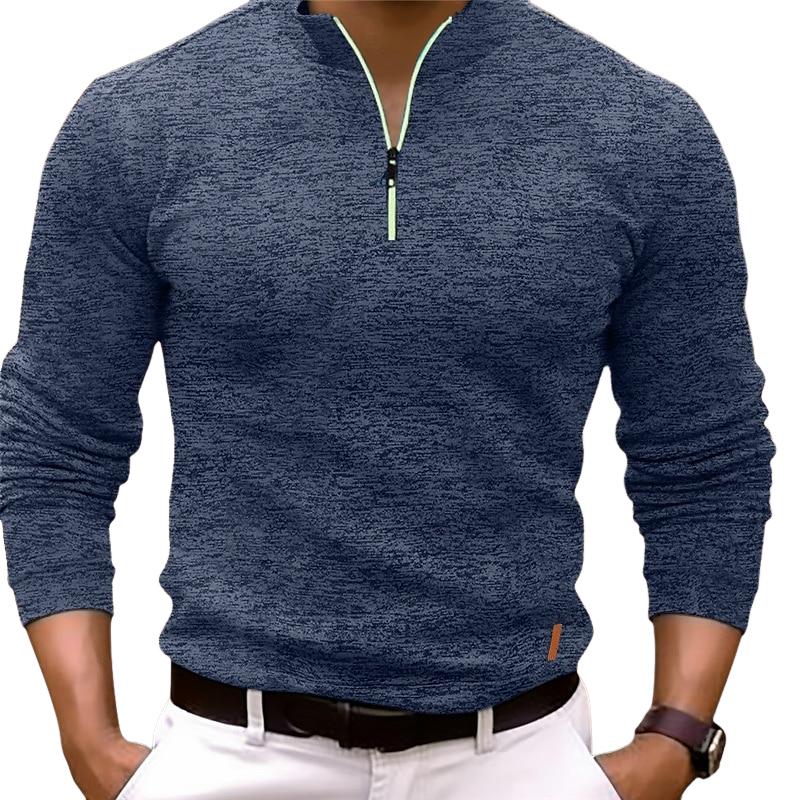 Men's Casual Mixed Color Zipper Stand Collar Long Sleeve Polo Shirt 58467058Y