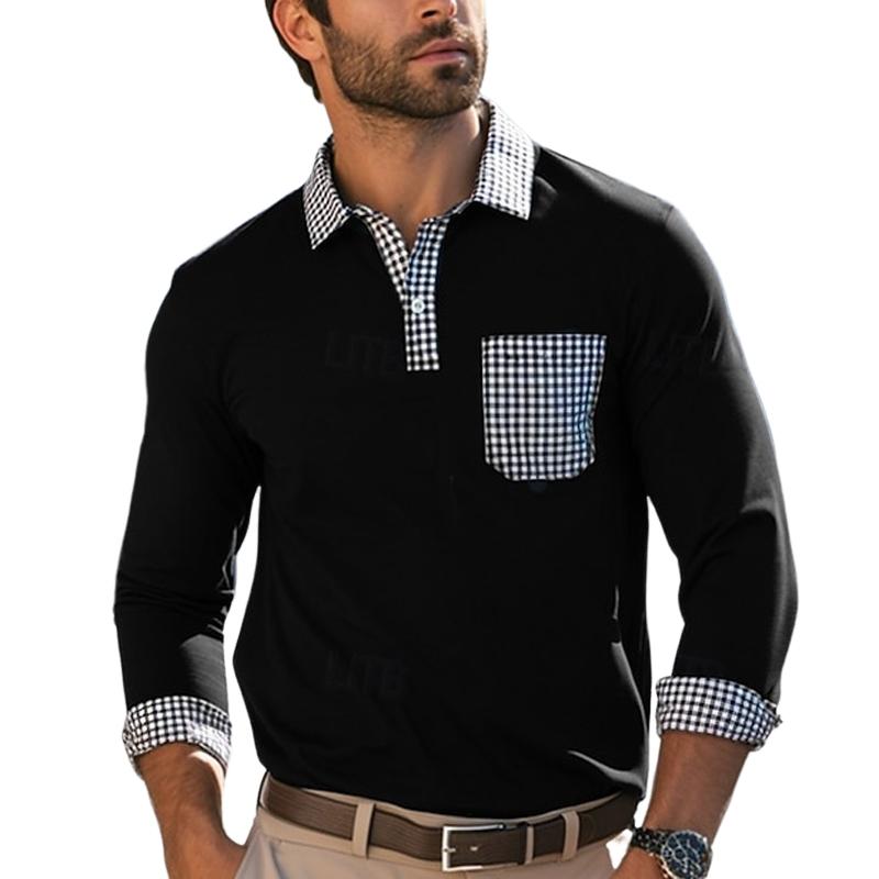 Men's Lapel Plaid Patchwork Button Long Sleeve Polo Shirt 08297737U