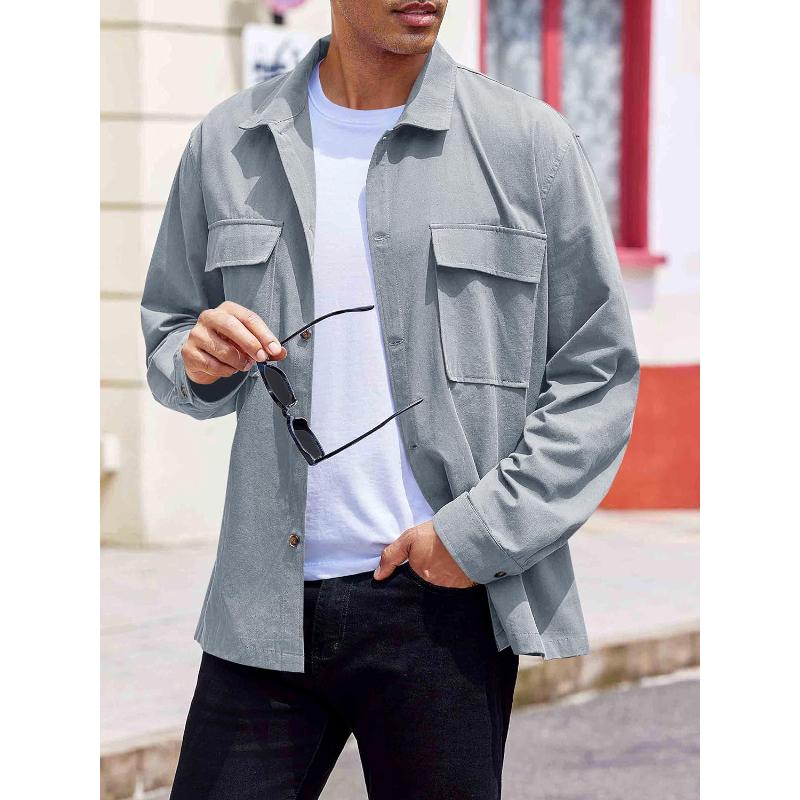 Men's Casual Solid Color Lapel Double Chest Pocket Long Sleeve Shirt 76683492Y