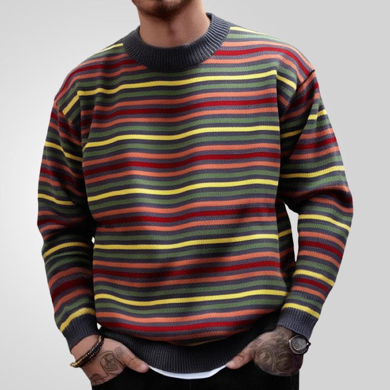 Men's Casual Crew Neck Rainbow Striped Knitted Pullover Sweater 73747415M