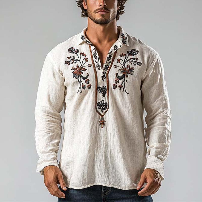 Men's Classic Vintage V-Neck Embroidered Linen Long Sleeve Shirt 41767089K