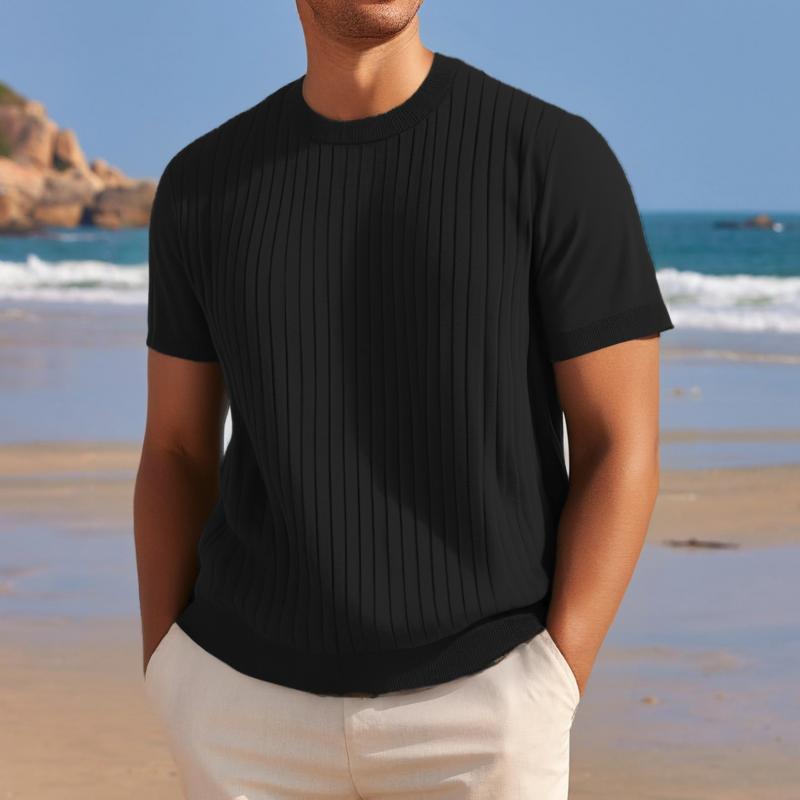 Men's Solid Color Striped Round Neck Short Sleeve Knit T-shirt 09033199Z