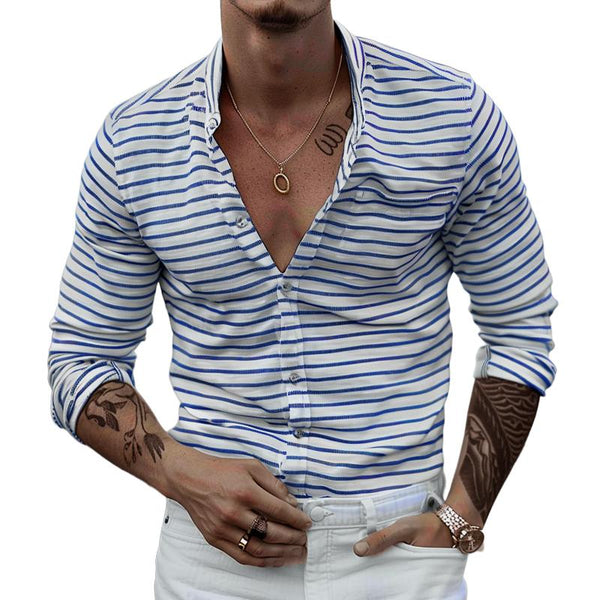 Men's Fashion Striped Stand Collar Long Sleeve Shirt 44941690Z