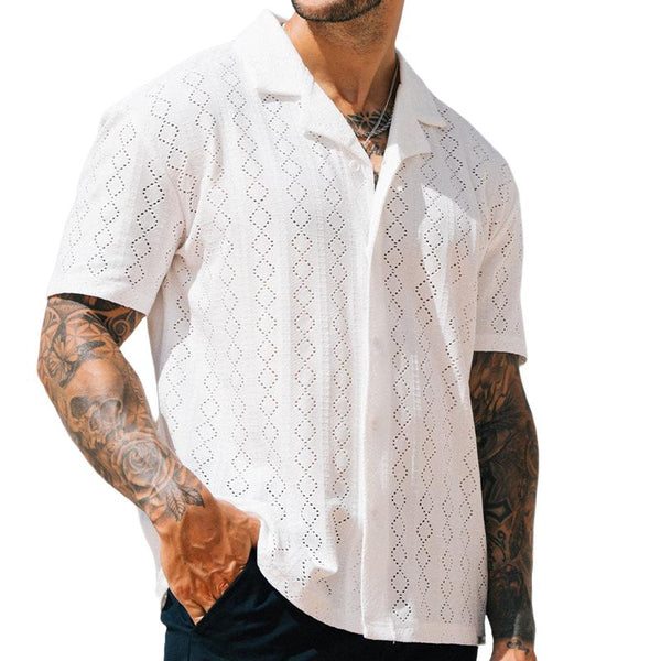 Men's Cuban Collar Hollow Short Sleeve Shirt 75292095Z
