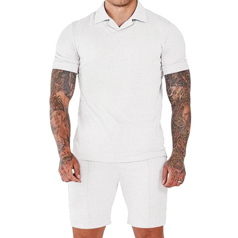 Men's Solid Waffle Lapel Short Sleeve Polo Shirt Shorts Sports Casual Set 89786181Z