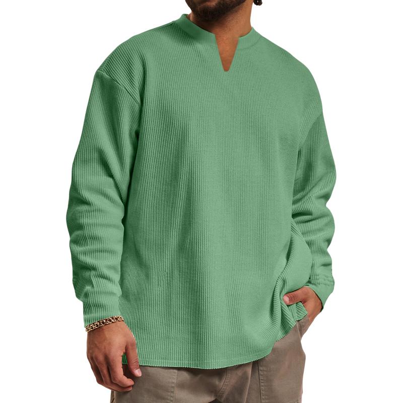 Men's Casual V-neck Waffle Loose Long Sleeve T-shirt 30473989M