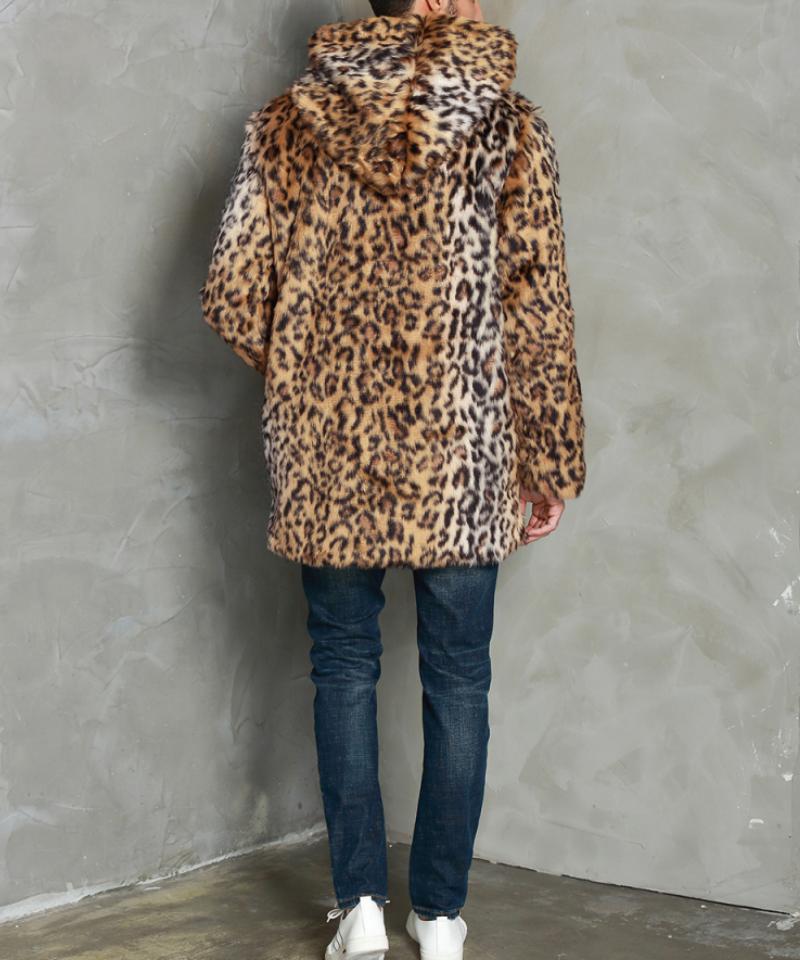 Men's Classic Casual Leopard Print Hooded Plush Faux Fur Coat 90965761K