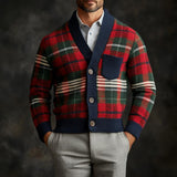 Men's Retro Christmas Colorful Plaid V-neck Chest Pocket Knit Cardigan 79052746Y