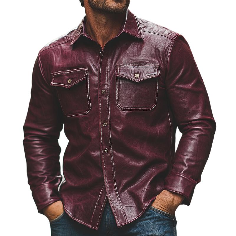 Men's Casual Burgundy Lapel Long Sleeve Leather Shirt 29333983F