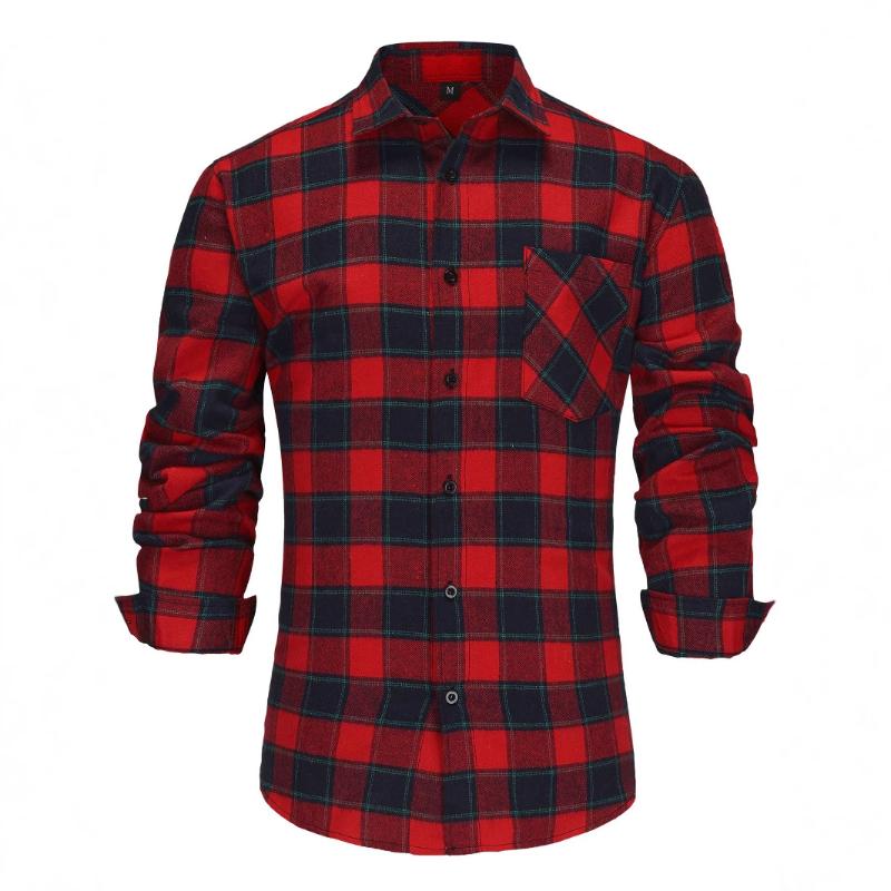 Men's Vintage Casual Flannel Plaid Lapel Long Sleeve Shirt 03894073TO