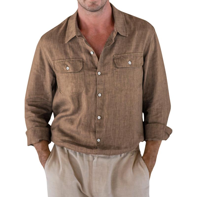 Men's Casual Cotton and Linen Double Chest Pockets Long Sleeve Shirt 06136562Y