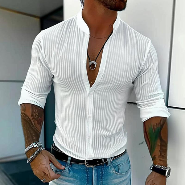 Men's Solid Color Striped Stand Collar Long Sleeve Shirt 02190812Z