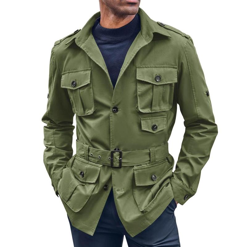 Men's Retro Solid Color Lapel Multi-pocket Single Breasted Belt Cargo Jacket 93102297Z