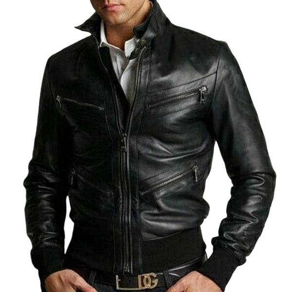 Men's Slim Fit Black Stand Collar Zip-up Leather Jacket 58468927U