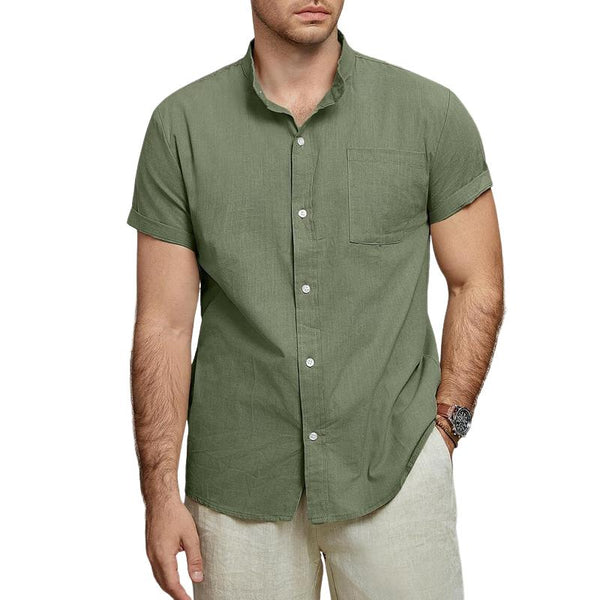 Men's Solid Color Linen Stand Collar Short Sleeve Casual Shirt 12174781Z