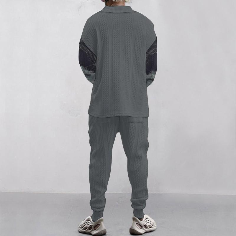 Men's Classic Casual 3D Printed Knitted Loose V-Neck Long Sleeve Sweatshirt Elastic Waist Sweatpants Set 31156534K