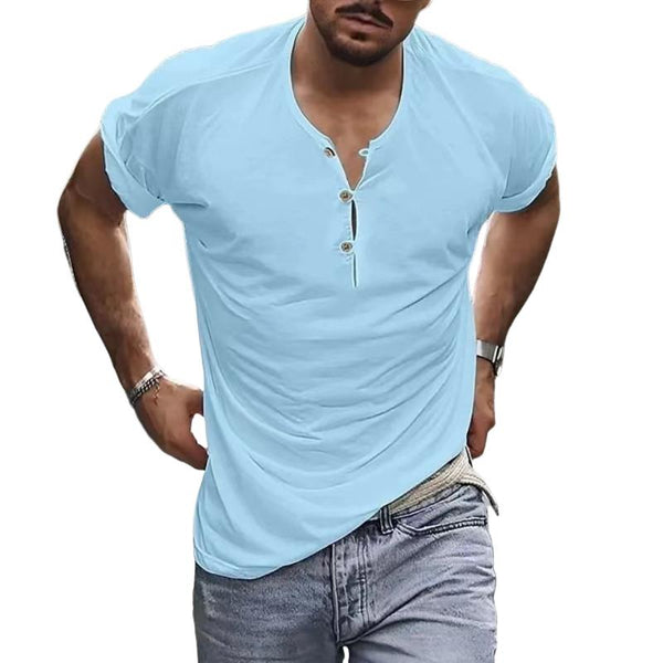 Men's Casual Solid Color Henley Collar Short Sleeve T-Shirt 15114276Y