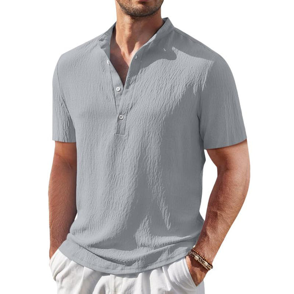 Men's Casual Stand Collar Cotton Linen Slim Short Sleeve Shirt 83863443M