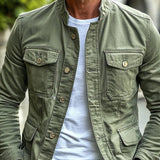 Men's Retro Solid Color Stand Collar Multi-pocket Single Breasted Cargo Jacket 76262227Z