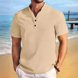 Men's Casual Cotton Linen Blend Henley Collar Short Sleeve Shirt 24699260M