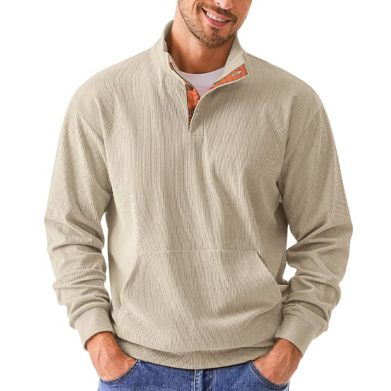 Men's Casual Corduroy Stand Collar Kangaroo Pocket Loose Long Sleeve Sweatshirt 74007115M