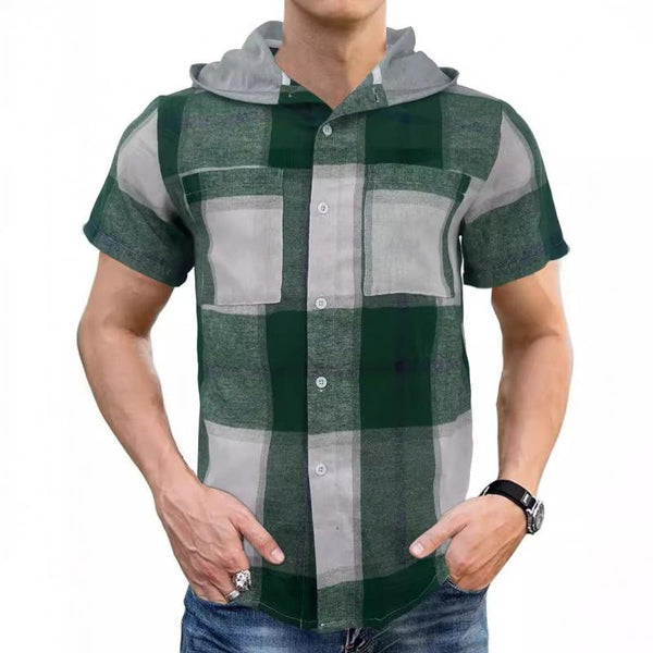 Men's Plaid Hooded Short Sleeve Shirt 64549620Y