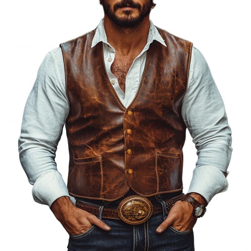 Men's Vintage Leather V-Neck Single Breasted Slim Fit Vest 60526450M