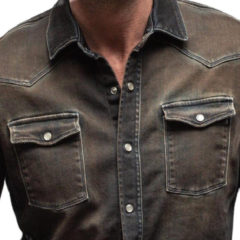 Men's Classic Vintage Lapel Washed Denim Shirt 92992333F