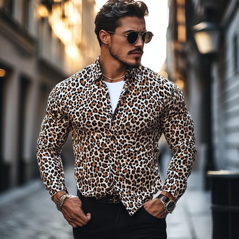 Men's Classic Casual Printed Leopard Satin Long Sleeve Shirt 94533590K