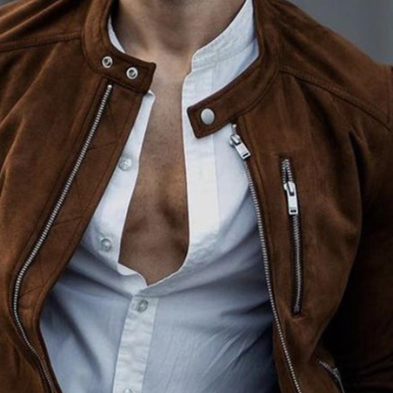 Men's Vintage Casual Suede Solid Zipper Stand Collar Jacket 43911945TO
