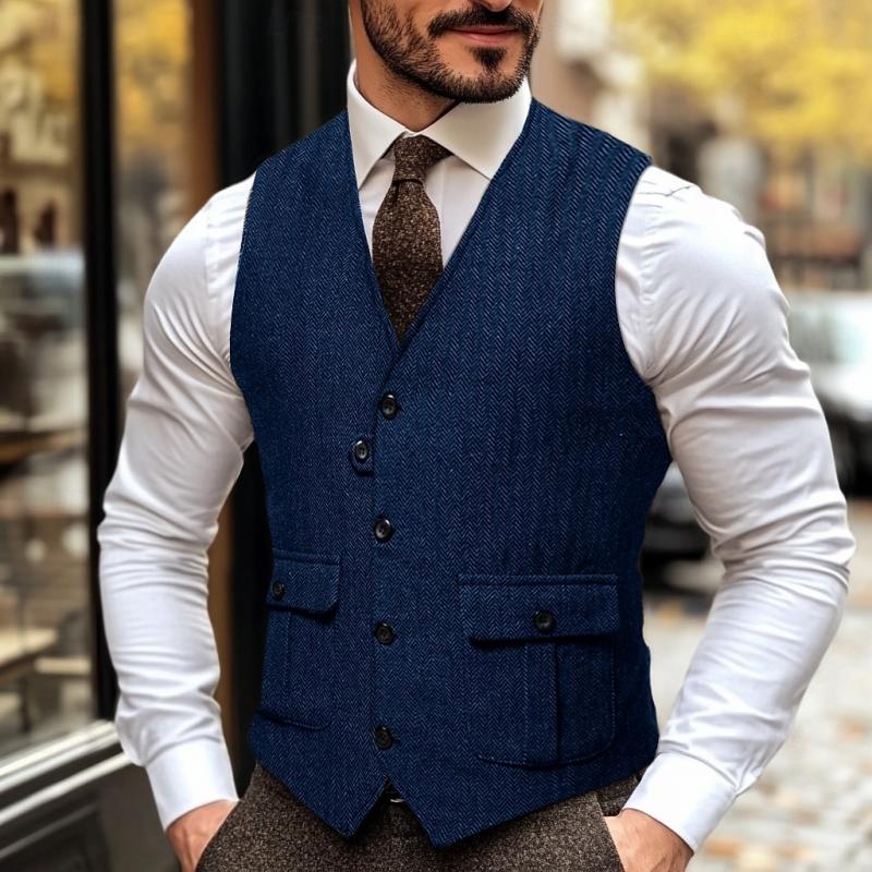 Men's Vintage Herringbone Pocket V-Neck Single Breasted Suit Vest 22210914Y