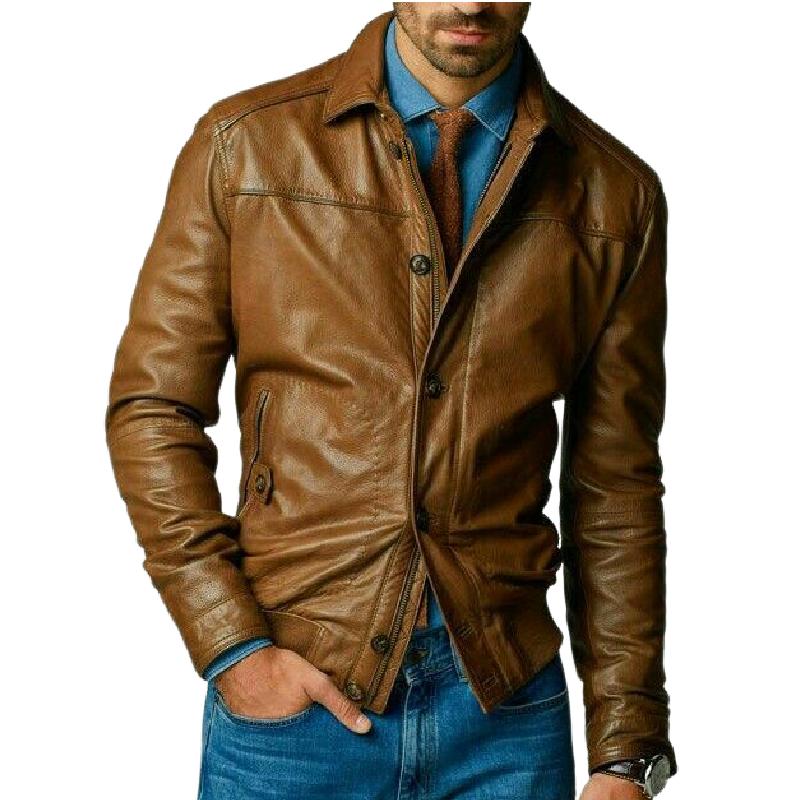 Men's Classic Vintage Lapel Leather Jacket 27396833F