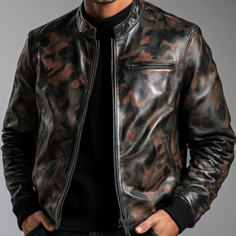 Men's Casual Stand Collar Camouflage Zipper Leather Jacket 39896006F