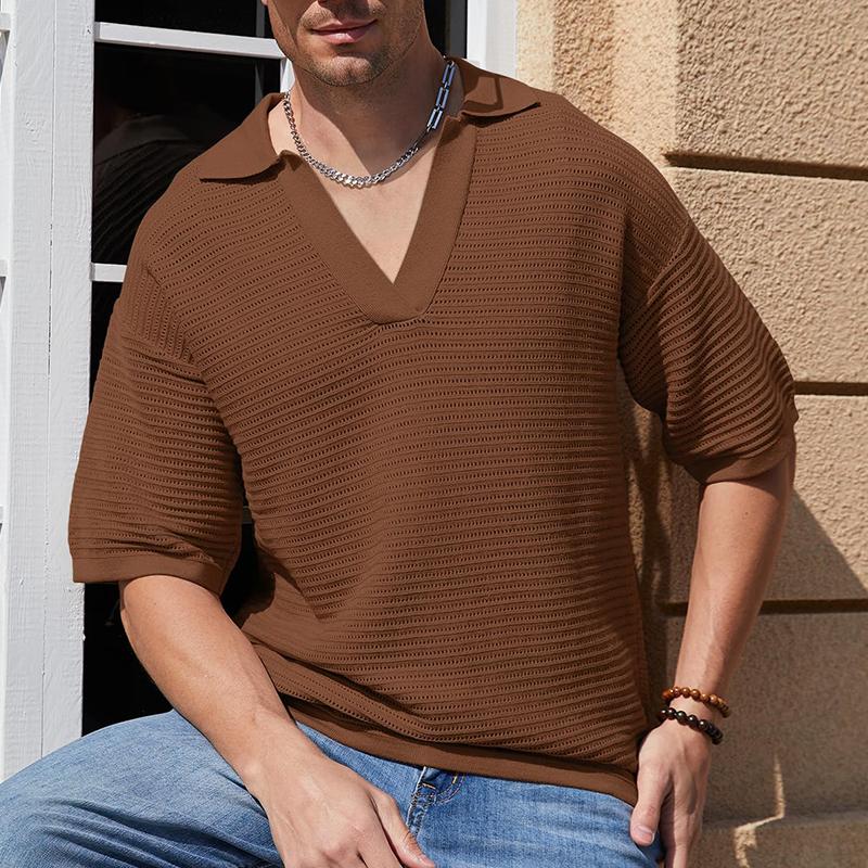 Men's Solid Knit Loose Lapel Short Sleeve Polo Shirt 21748940Z