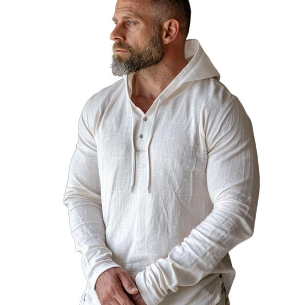 Men's Casual Cotton Blend Henley Collar Long Sleeve Hoodie 58467093M