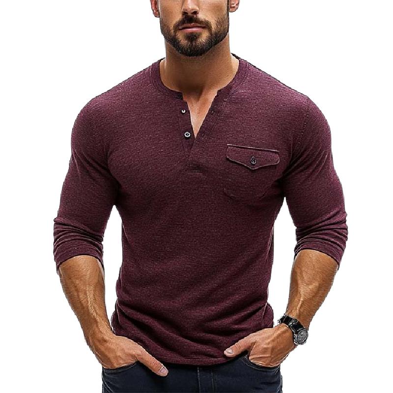 Men's Classic Casual Slim Pocket V-Neck Button Long Sleeve T-Shirt 10131221K