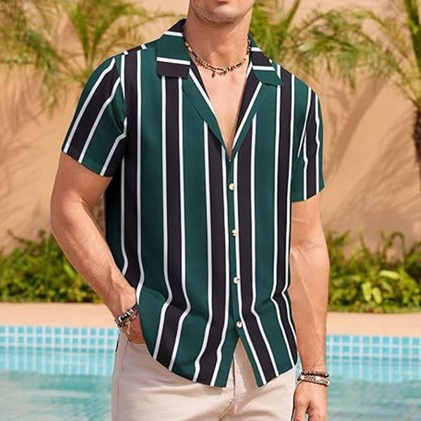 Men's Striped Lapel Short Sleeve Beach Shirt 20005704Z