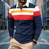 Men's Retro Striped Colorblock Button Lapel Long Sleeve Polo Shirt 29370142Y