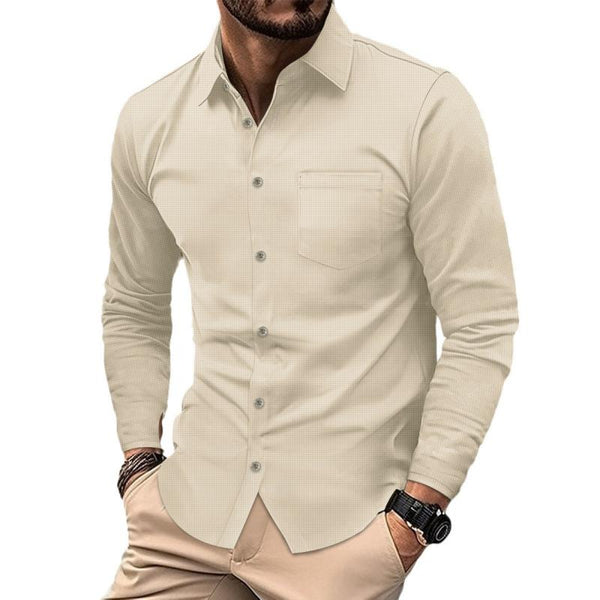 Men's Solid Color Waffle Lapel Long Sleeve Casual Shirt 01496212Z