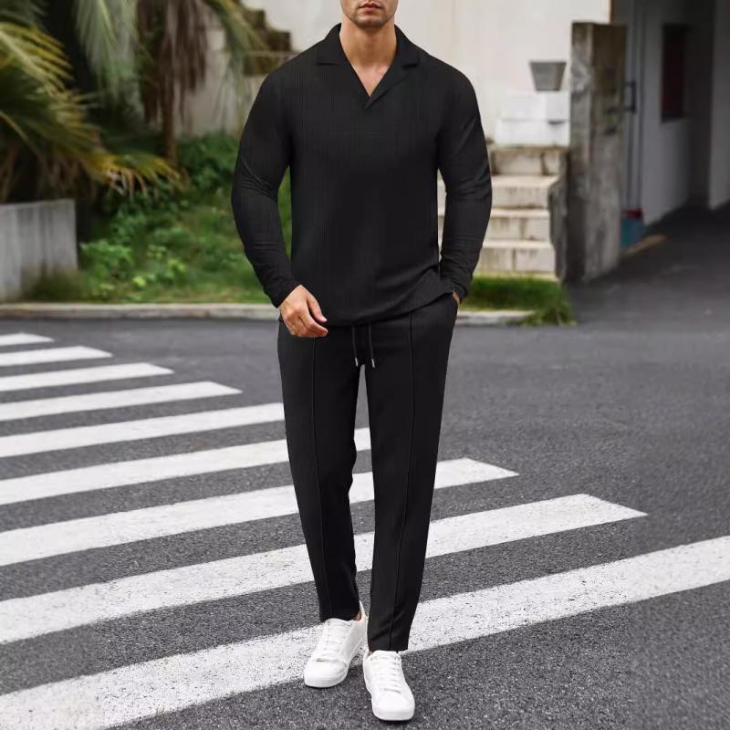 Einfarbiges Set aus langärmligem T-Shirt und Hose mit Waffelmuster und kubanischem Kragen für Herren 28710871Y