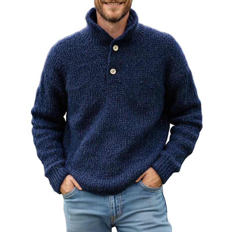 Pull en tricot bleu foncé vintage à deux boutons et col montant pour homme 52045838U