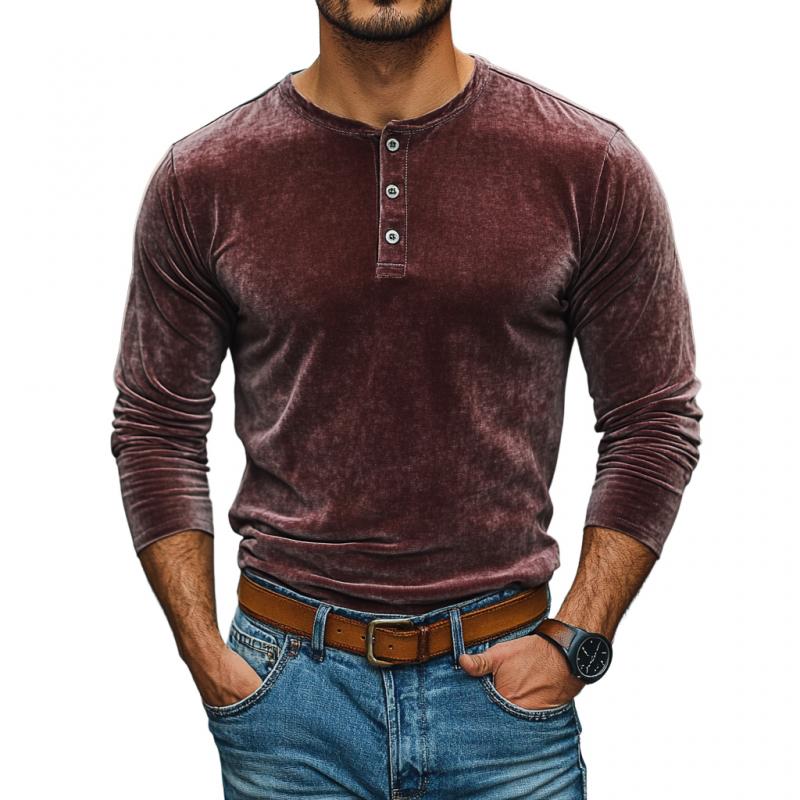 Men's Vintage Velvet Henley Collar Slim Fit Long Sleeve T-Shirt 19968899M