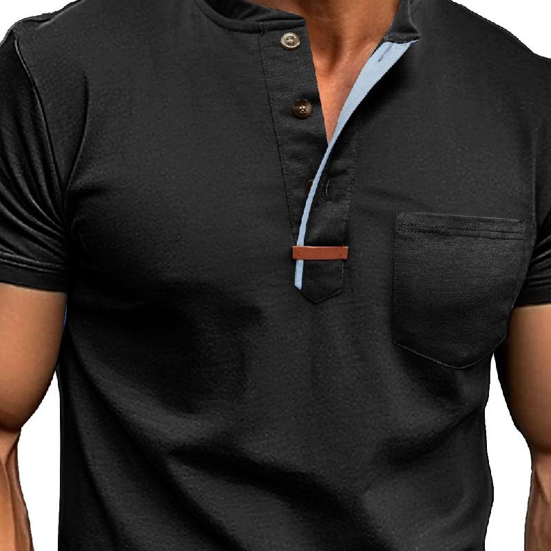 Men's Casual Cotton Colorblock Henley Collar Slim Fit Short Sleeve T-Shirt 51632378M