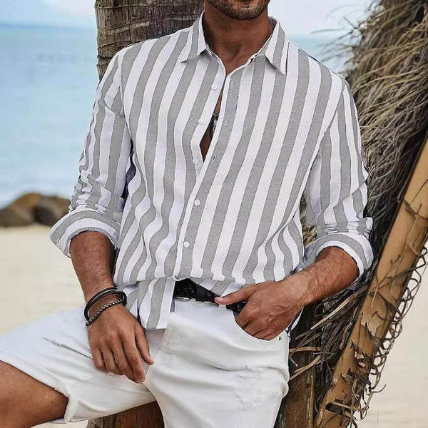 Men's Casual Cotton and Linen Striped Long Sleeve Shirt 17628999Y