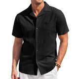 Men's Casual Cotton Linen Lapel Patch Pocket Slim Fit Short Sleeve Shirt 88052441M